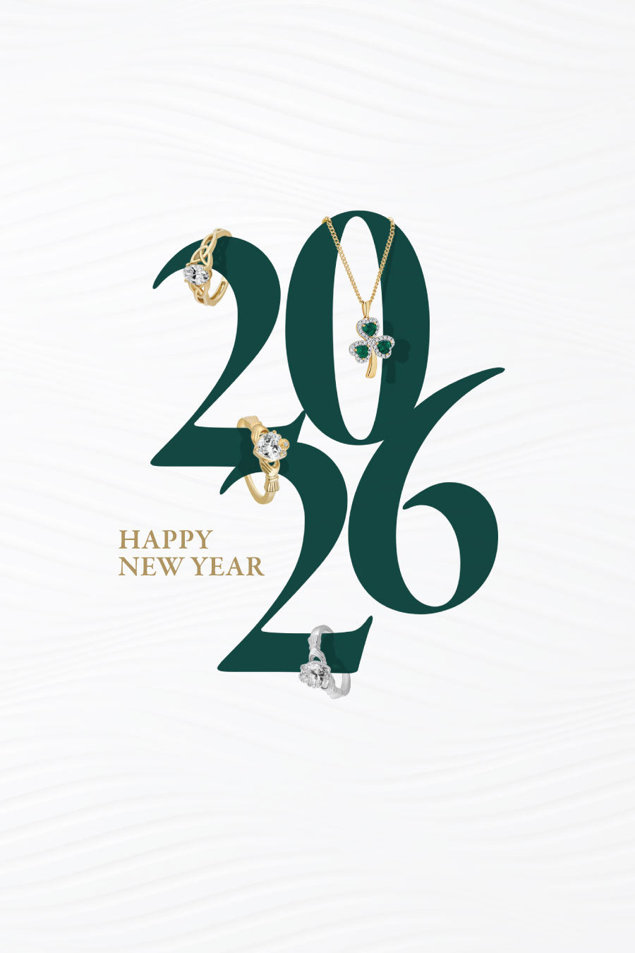 Irish Jewellery themed New Year's banner with '2026' and 'Happy New Year' text on a white background