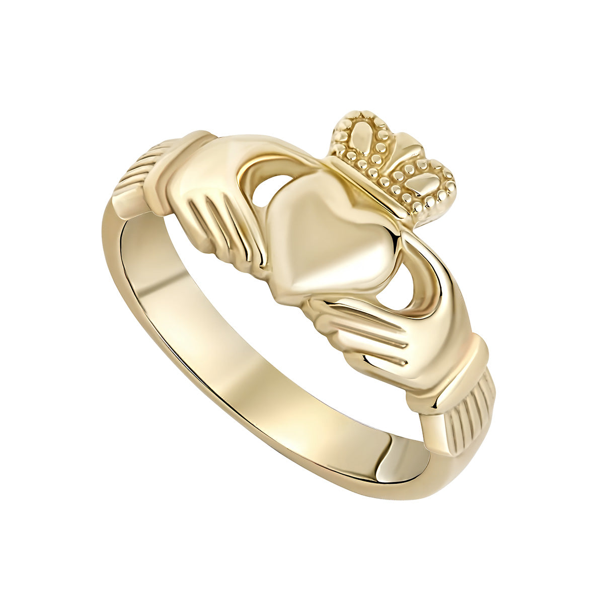 stock image of heavy gold Claddagh ring on white background 1