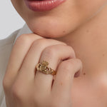 Ladies yellow Gold heavy Claddagh Ring on a model