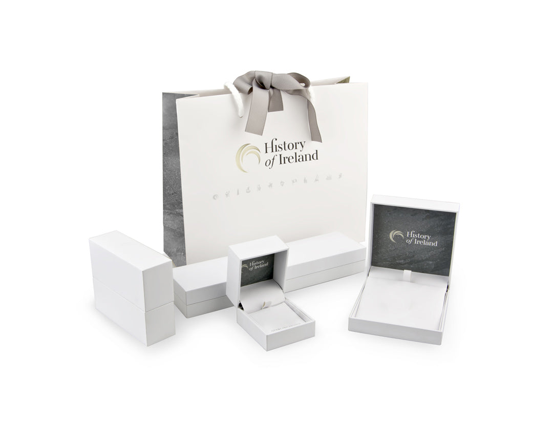 white packaging jewellery boxes with History of Ireland logo 