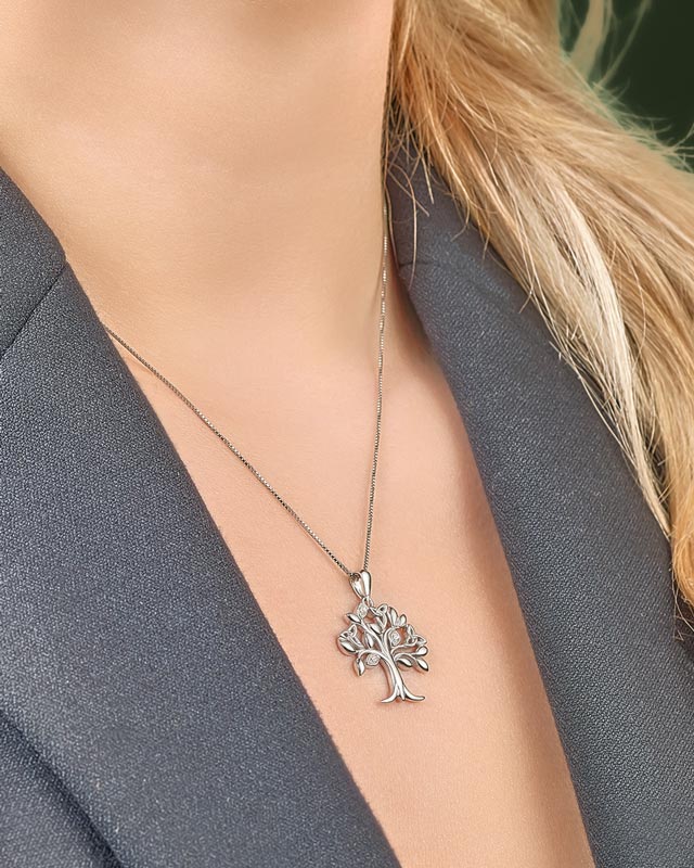 a model wearing Irish Tree of Life necklace in silver