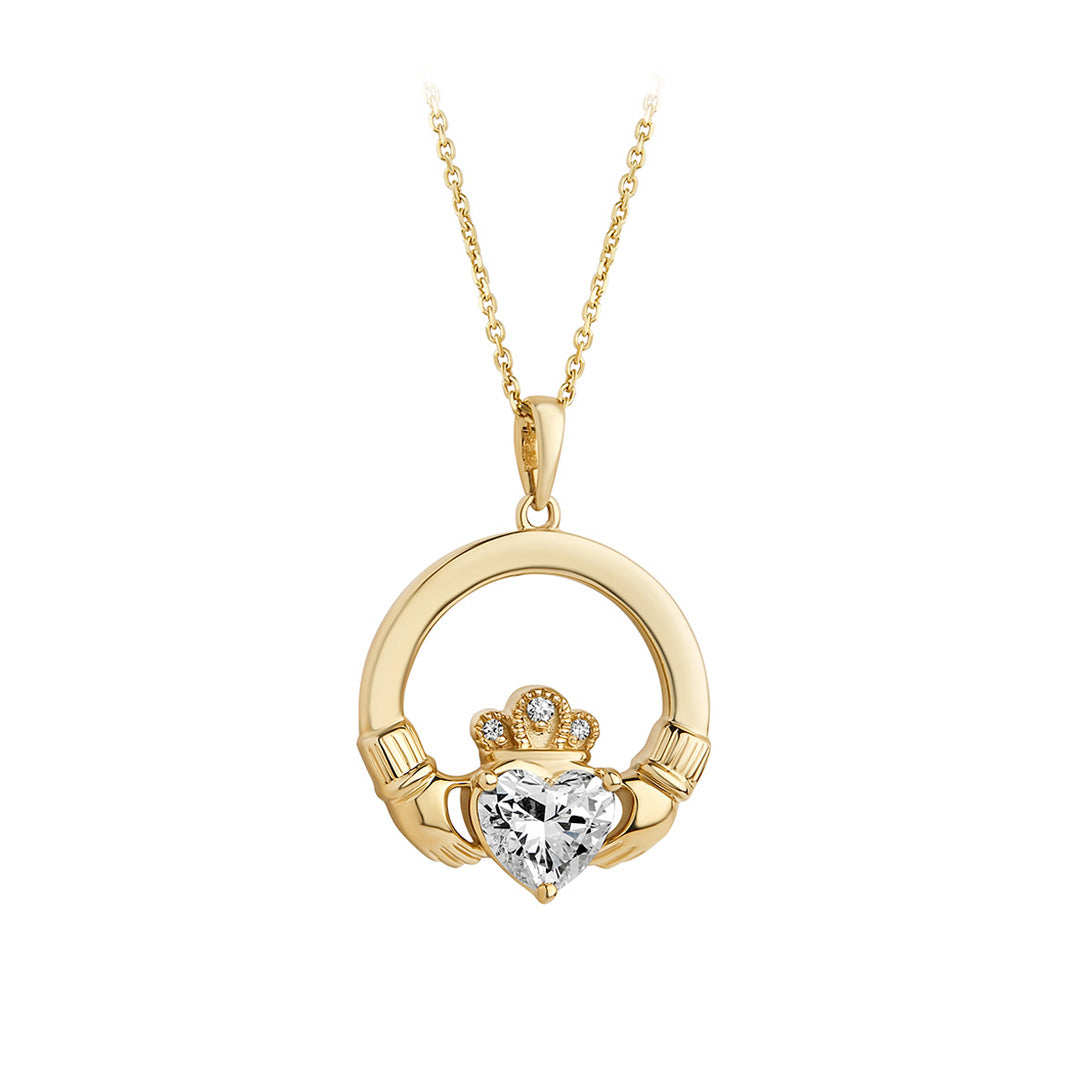 lab grown diamond claddagh necklace in yellow gold