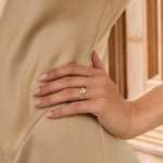 lifestyle image of lab diamond claddagh ring on models hand