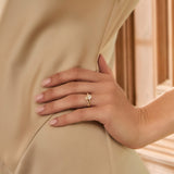 lifestyle image of lab diamond claddagh ring on models hand