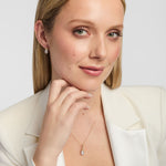 Model wearing matching gold Trinity Knot necklace and earrings with lab-grown diamonds