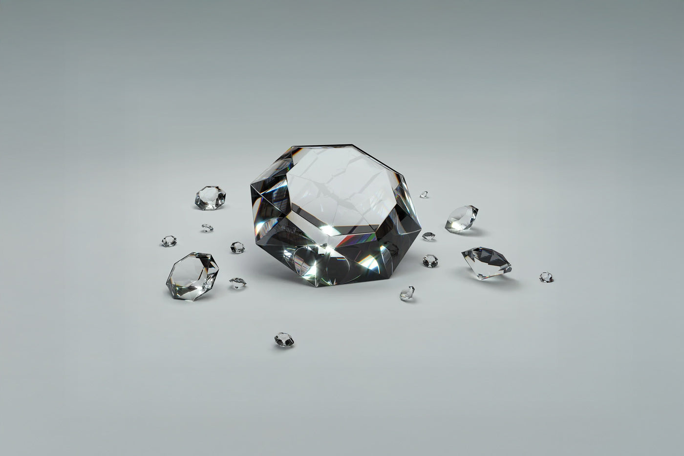 Clear diamond with smaller diamonds on a grey background
