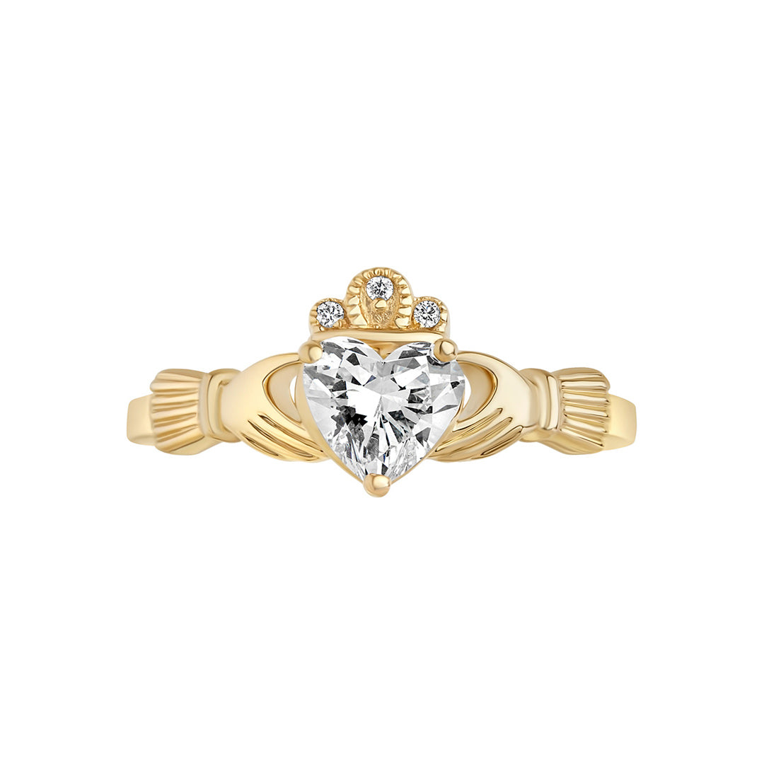 stock image of 0.75ct diamond claddagh ring in 14k yellow gold