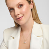 A close-up of a woman wearing a delicate lab-diamond gold necklace with a small shamrock shaped pendant and matching stud earrings, styled with a cream-colored blazer against a light grey background.