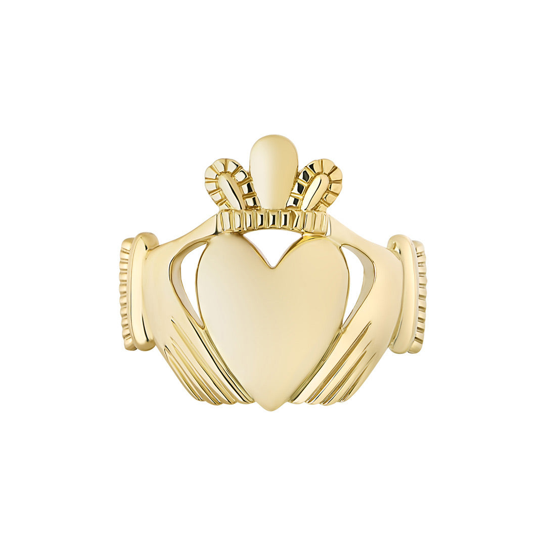 product shot of men's gold chunky claddagh ring in gold