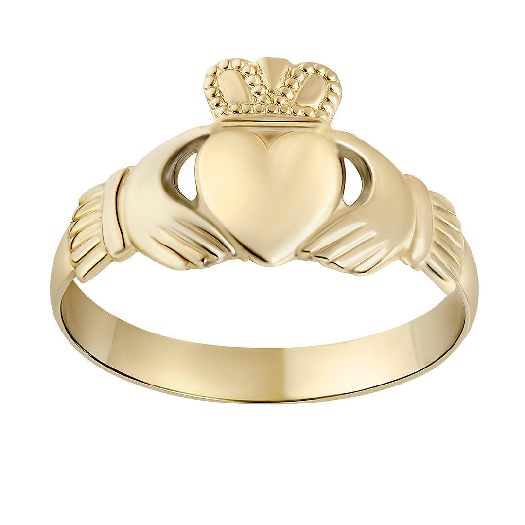 stock image of light weight traditional gold Claddagh ring on the white background 3