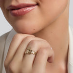 leight weight traditional gold Claddagh ring on a model