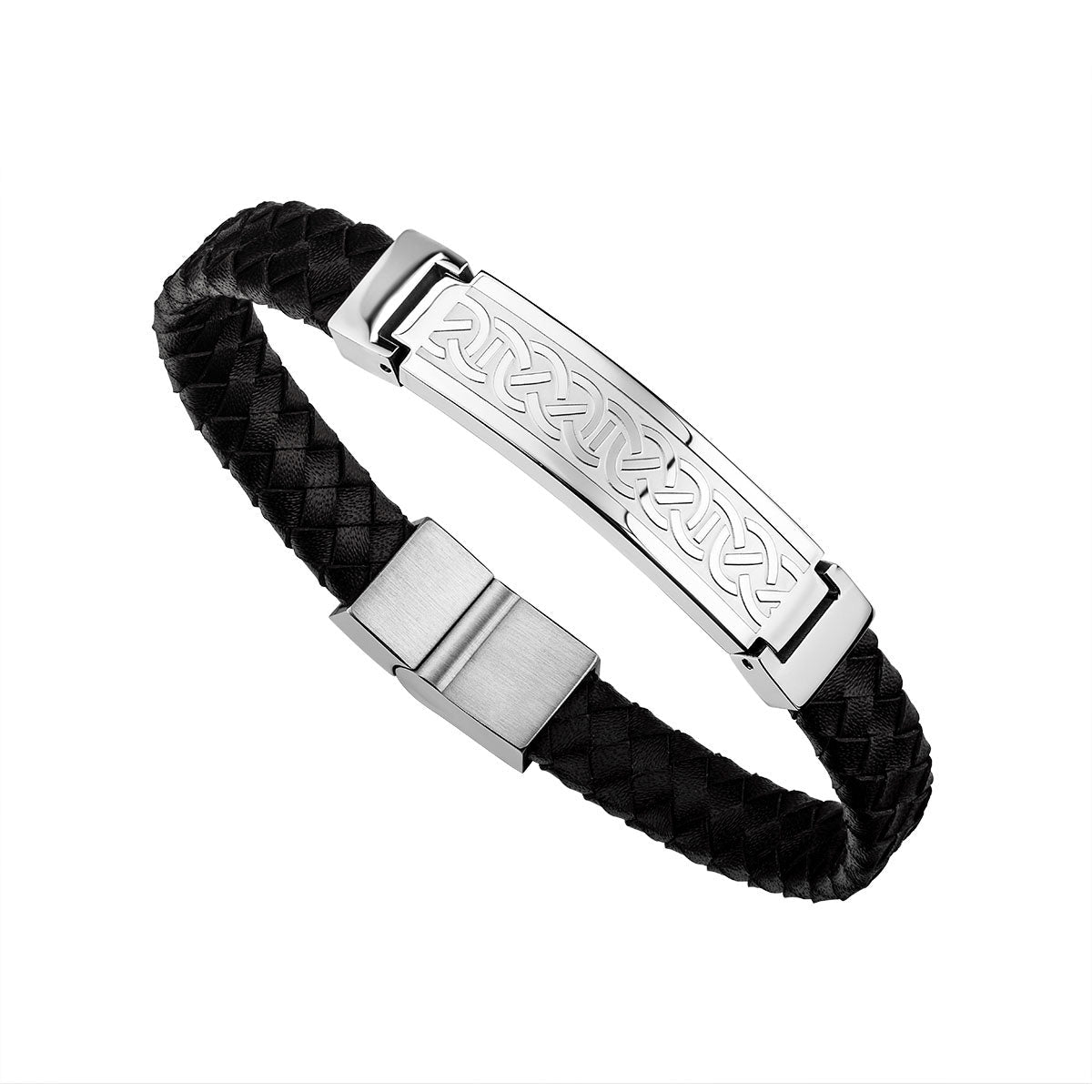 mens stainless steel black leather wide celtic bracelet s50147 from Solvar jewellery