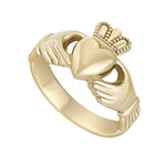 Stock image of yellow Gold mens Heavy Claddagh Ring on white background