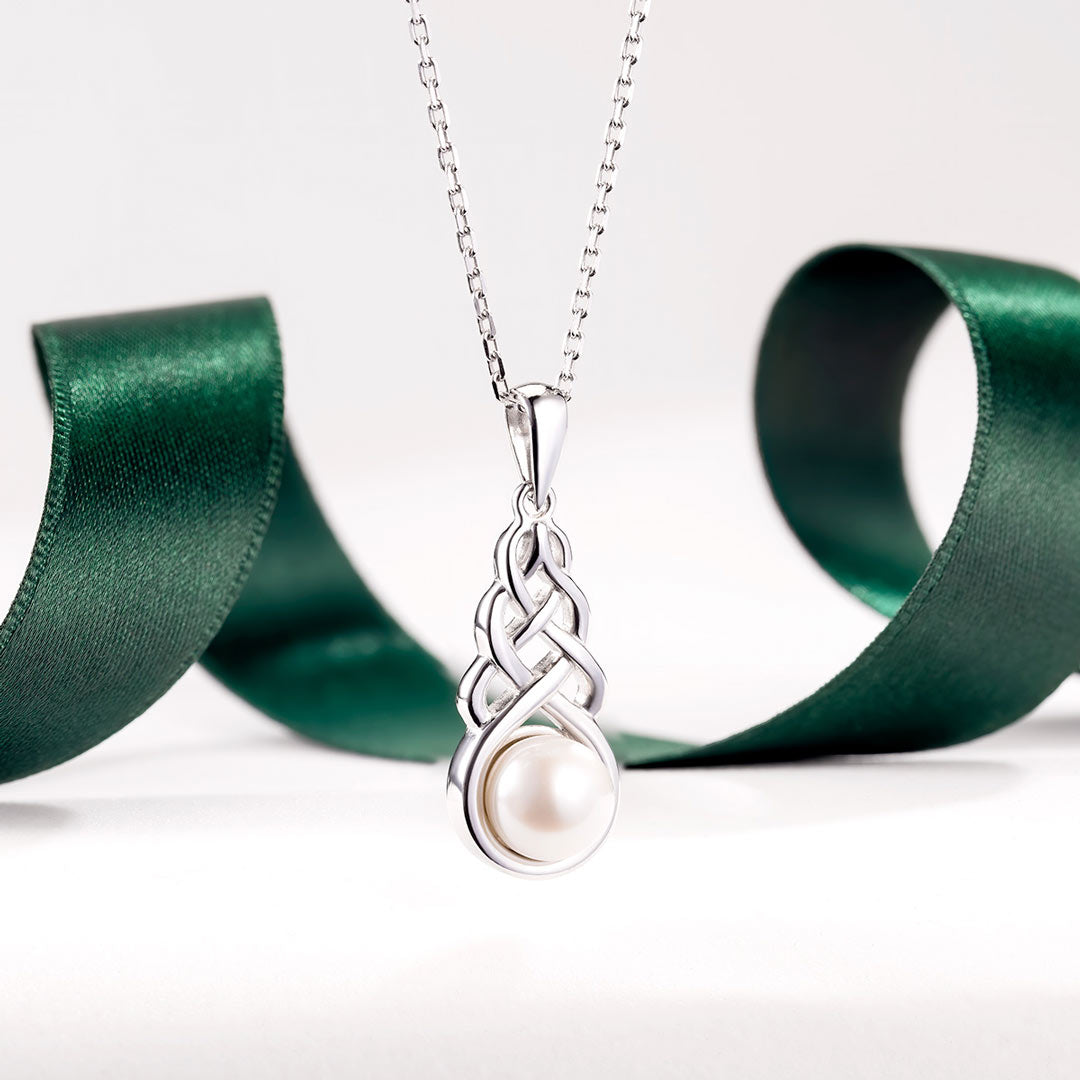 lifestyle image of freshwater pearl silver celtic knot necklace s46364