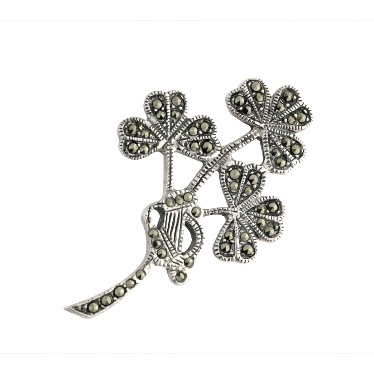 sterling silver marcasite shamrock spray brooch s1597 from Solvar jewellery