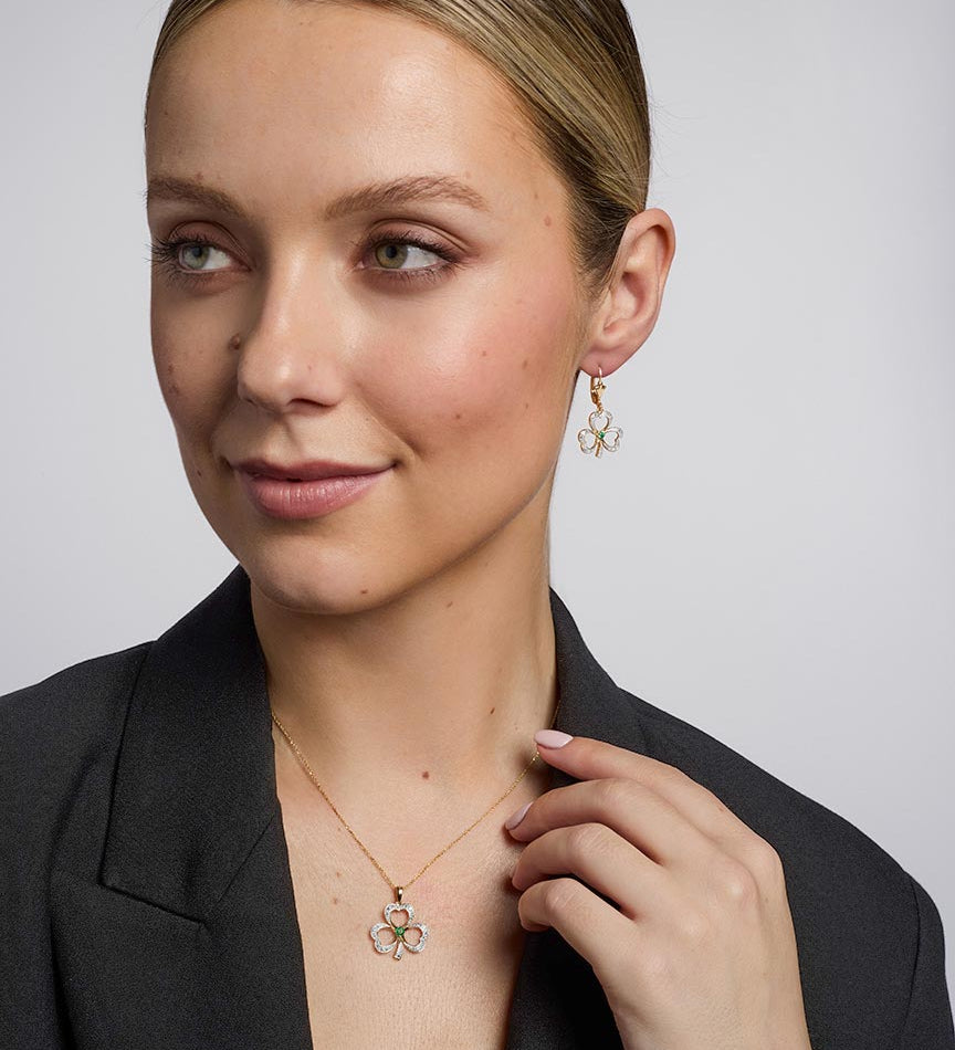 diamond & emerald shamrock drop earrings s33744 on a model 1