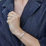 model wearing silver claddagh jewellery set of bracelet, necklace and ring