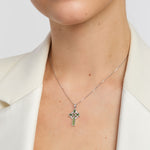 model wearing Connemara marble modern Celtic Cross necklace from Solvar