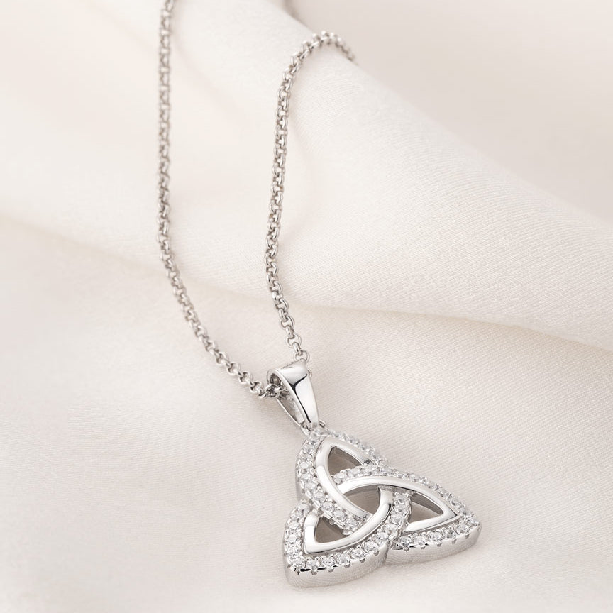 lifestyle image of cz trinity knot necklace s46043 on the light background