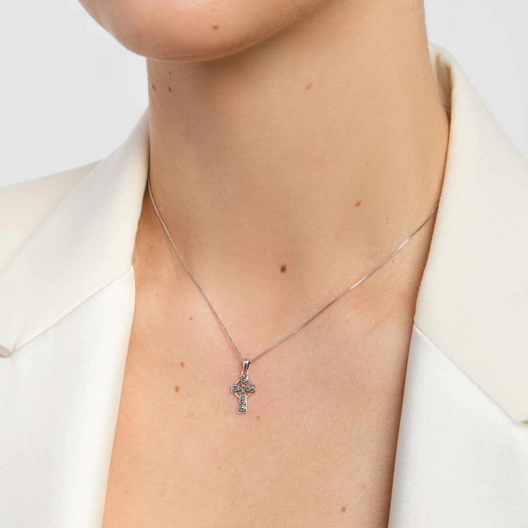 model wearing small marcasite celtic cross pendant from Solvar