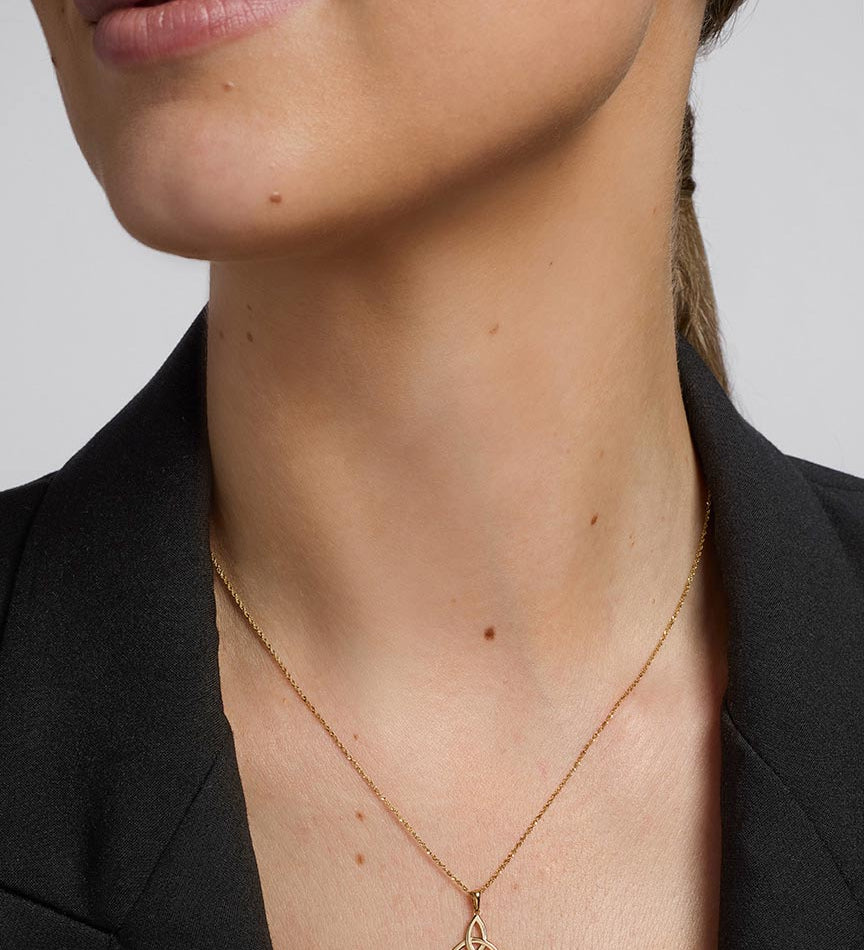 14k gold small trinity knot pendant s44175 on a model 1
