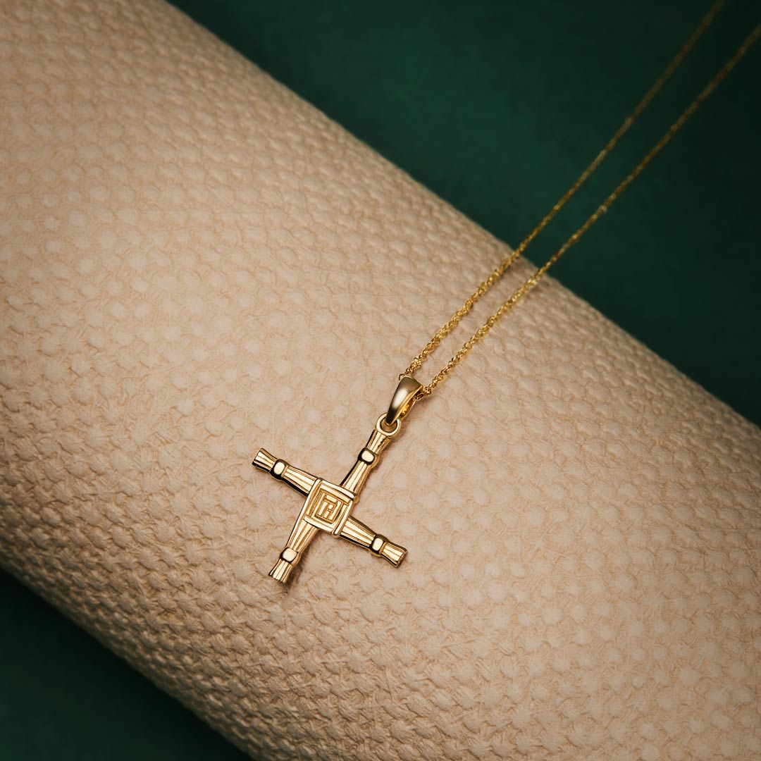 lifestyle image of gold Saint Brigids cross necklace from Solvar