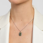 model wearing celtic green marble shamrock necklace from Solvar