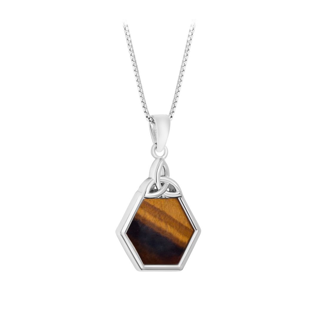stock image of Sterling Silver Tiger Eye Hexagon Trinity Knot Necklace from Solvar