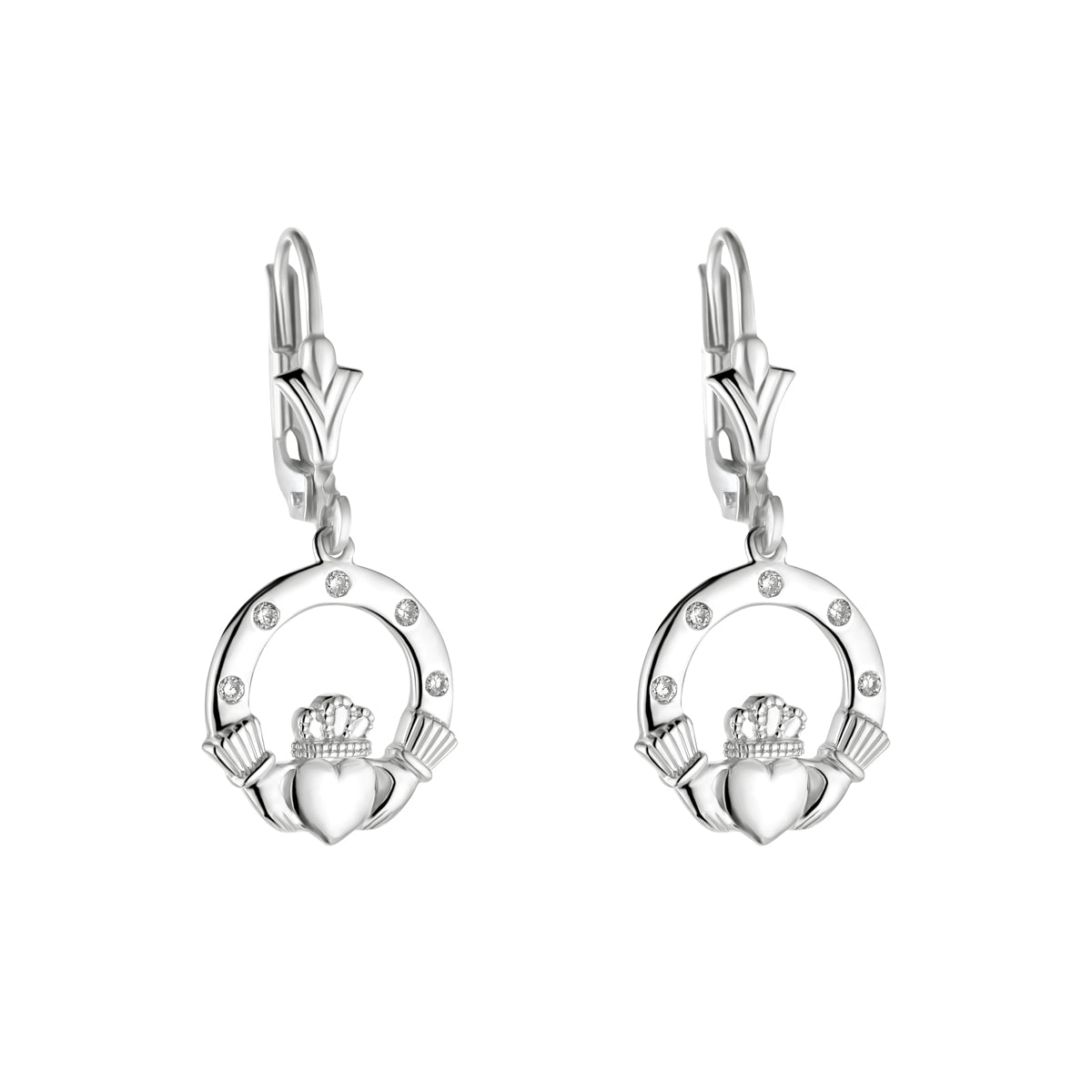 White Gold Flush Set Diamond Claddagh Earrings S34194 from Solvar Irish Jewellery